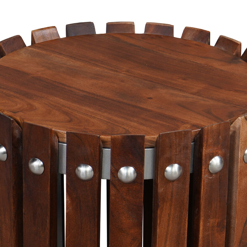 Myla 15 Inch Handcrafted Round Side End Table with Vertical Planks, Iron Rivets, Dark Walnut Brown Acacia Wood-Benzara