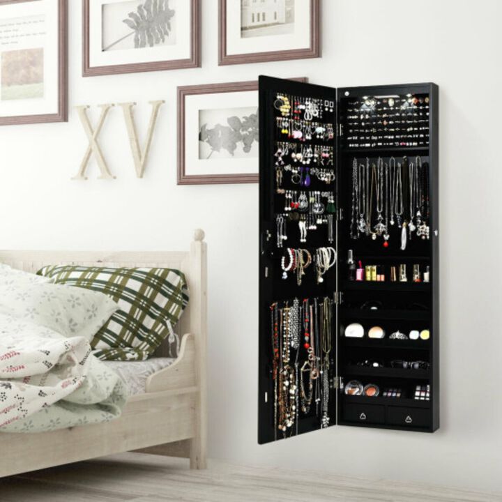 Hivvago Wall and Door Mounted Mirrored Jewelry Cabinet with Lights