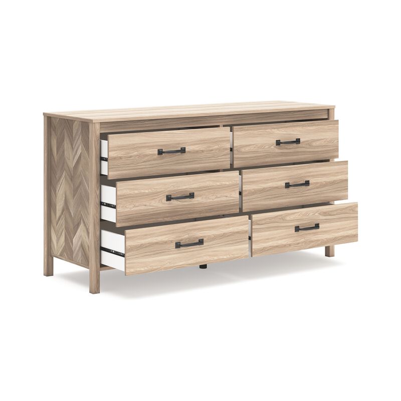 Bette Wide Dresser, 6 Drawers, Classic Light Oak Brown Finish, 60 Inch - Benzara