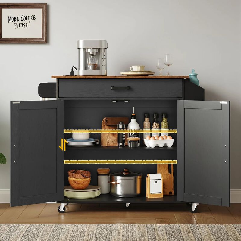 Rolling Kitchen Island with Drop Leaf Tabletop and Power Outlet Station- Black image number 6