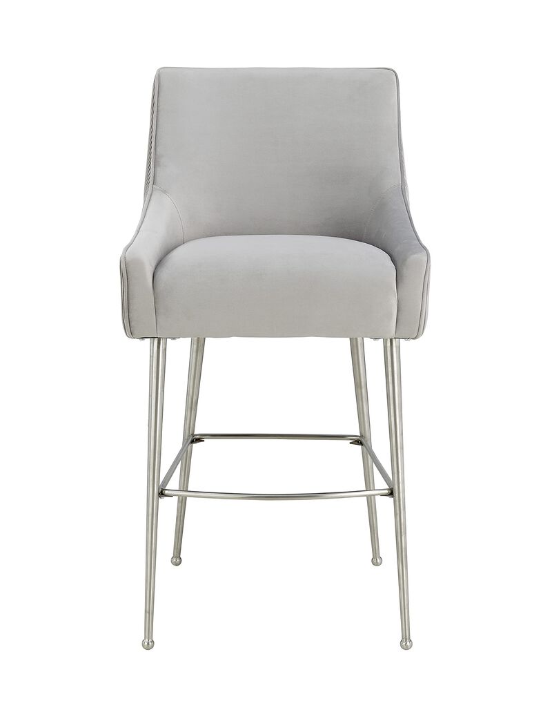 Tov Furniture Beatrix Pleated Velvet Upholstered Bar Stool with Silver Handle and Legs (Light Grey) image number 3