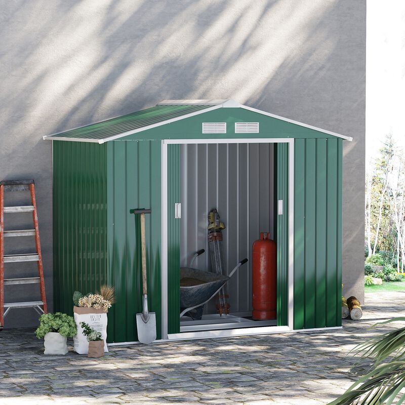 Green Garden Storage: 7'x4' Steel Shed with Sliding Doors & Vents
