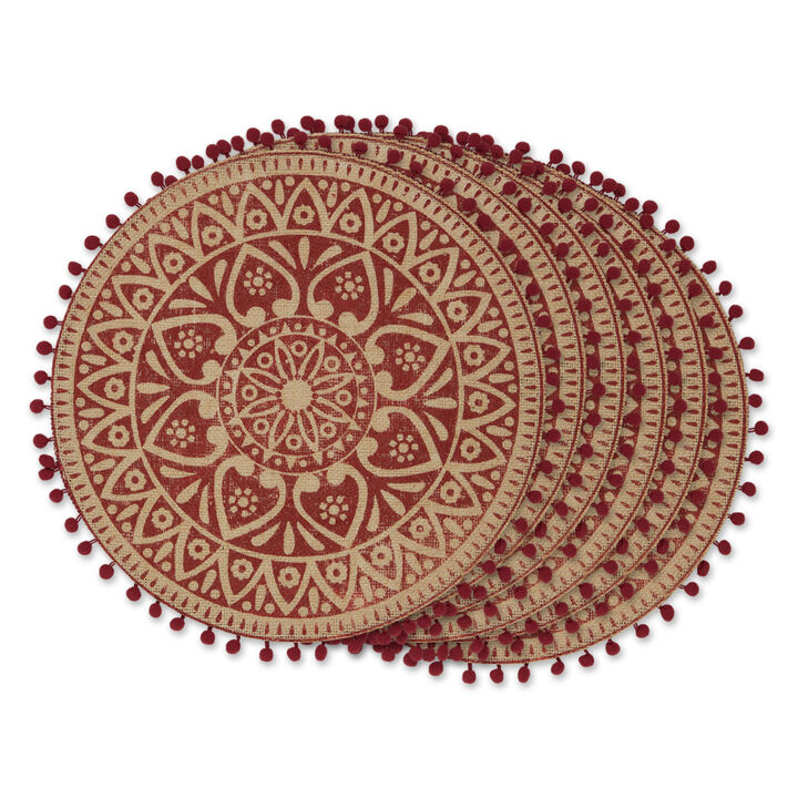 Set of 6 Red and Beige Block Print Round Outdoor Placemats 15"