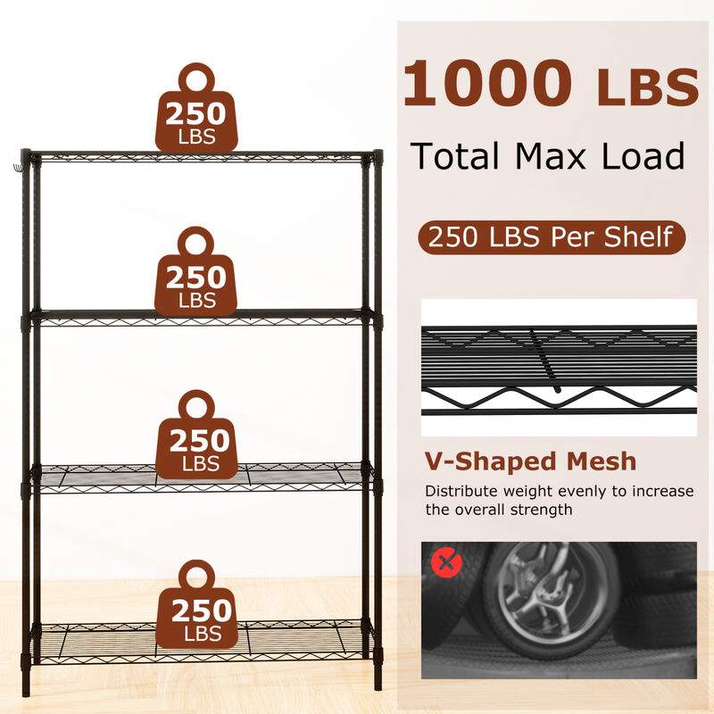 2 Pack 4 Tier Metal Storage Racks with V Shaped Wire Shelves for Utility Room-Black image number 5