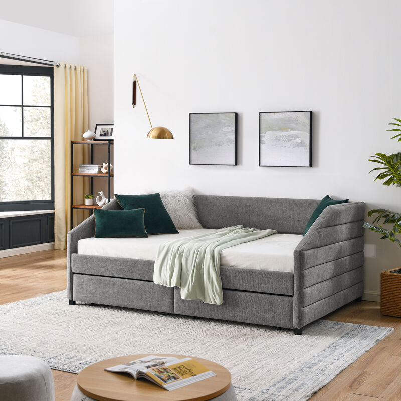 Full Size Daybed with Two Drawers Trundle Upholstered Tufted Sofa Bed, Linen Fabric, Grey (82.5" x 58" x34")