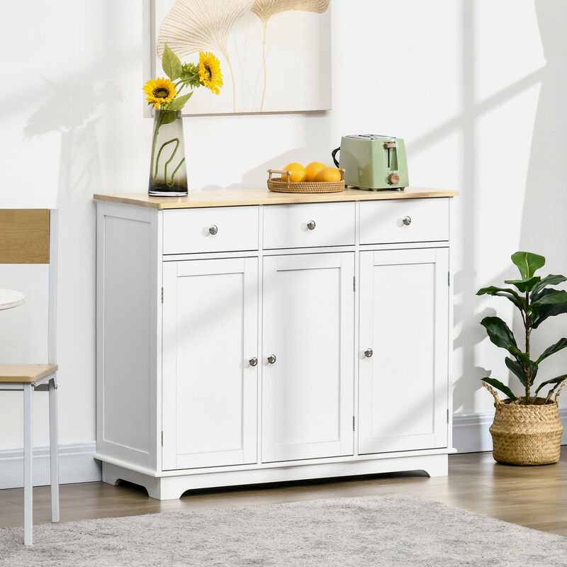 White Kitchen Buffet: 3-Door Sideboard with Drawers and Shelf