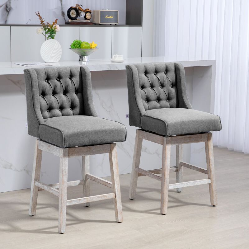 Gray Swivel Bar Stools: Set of 2, 27" Counter Height, Linen, Button Tufted