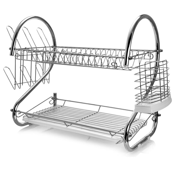 MegaChef 16 Inch Two Shelf Dish Rack with Easily Removable Draining Tray, 6 Cup Hangers and Removable Utensil Holder