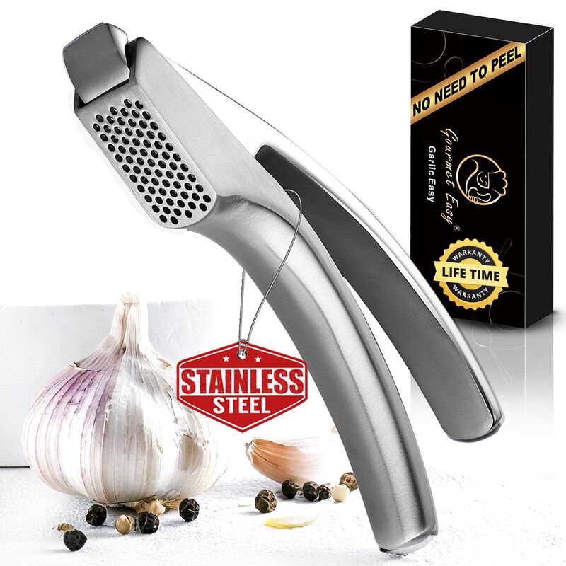 No Peeling Required Garlic Press Stainless Steel with Detachable Handle for Fine Mincing-Premium Garlic Mincer Tool