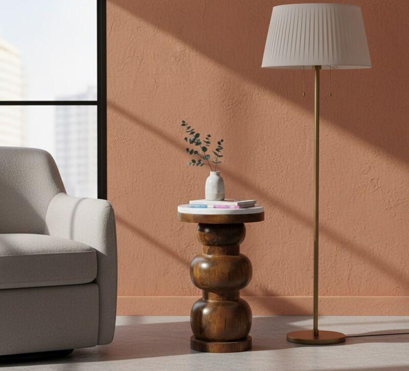 Artisan Furniture Solid Wood Marble Top Bulla Side Table White and Brown image number 1