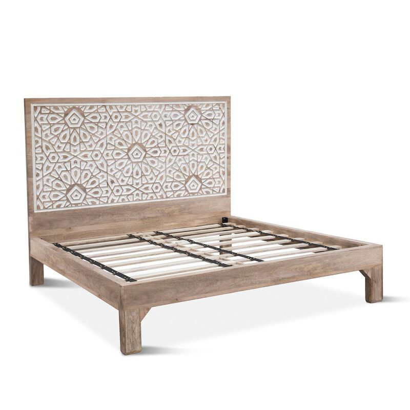 World Interiors Haveli Mango Wood Geometric Carved King Bed