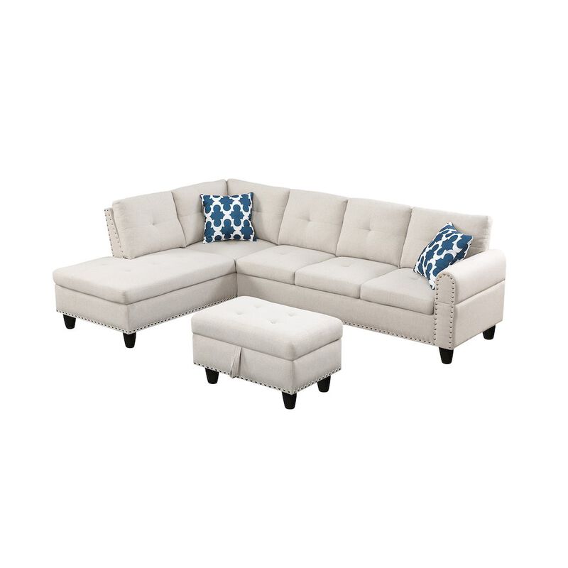Devion Furniture Polyester Fabric Sectional Sofa with Ottoman-Beige