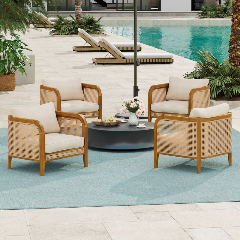 Christopher Knight Home Zelda Patio Rustic Acacia Wood Upholstered Club Chair with Rattan-Wrapped Frame (Set of 4) image number 1