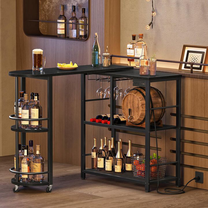 L-Shaped Bar Table with Charging Station and Multi-Tier Corner Storage-Black