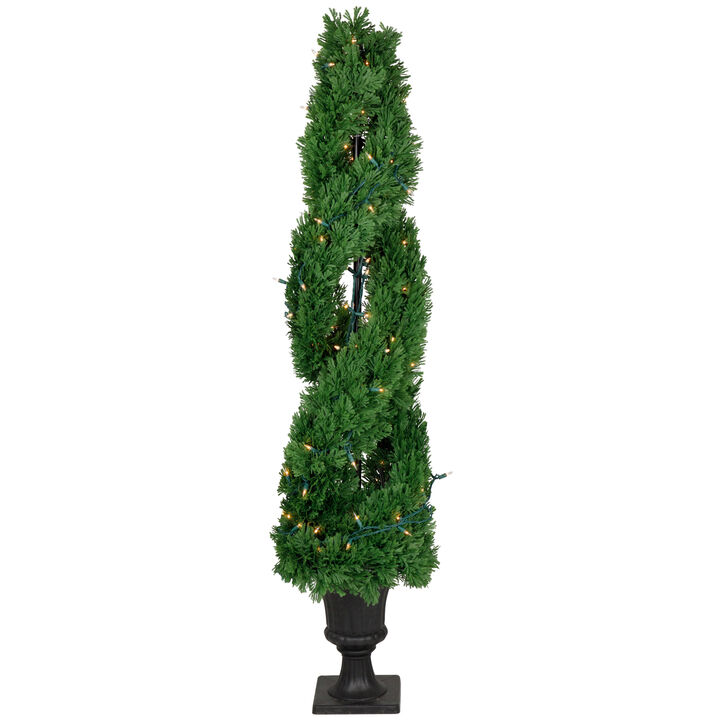 4.5' Pre-Lit Artificial Cedar Double Spiral Topiary Tree in Urn Style Pot  Clear Lights