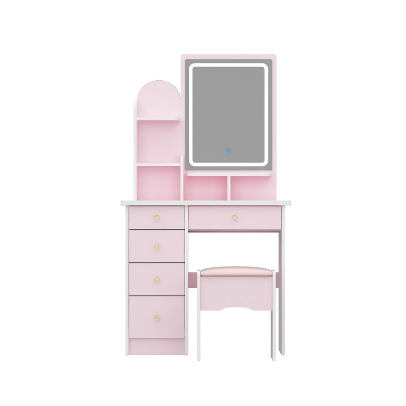FUFU&GAGA Modern Vanity Table Set with Storage Drawers, Adjustable LED Mirror & Stool (31.5'' W x 15.7'' D x 55.1'' H), Pink