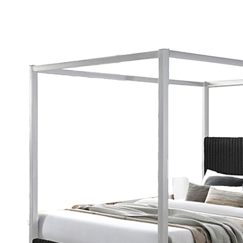 Keri Queen Canopy Bed, White Slatted Wood Frame, Black Upholstery