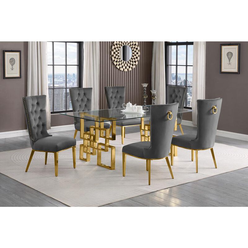 7-piece glam dining set with 6 dark grey chairs and a 79" long glass  table