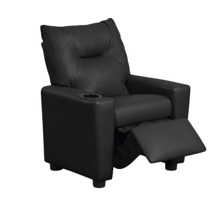 Chang Kids Recliner Chair, Built In Cupholder, Black Faux Leather - Benzara