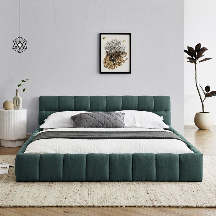 Queen Size Upholstered Bed Frame With Thick Fabric, Chenille Fabric Grounded Platform Bed With Headboard And Solid Frame-Cuddlewood