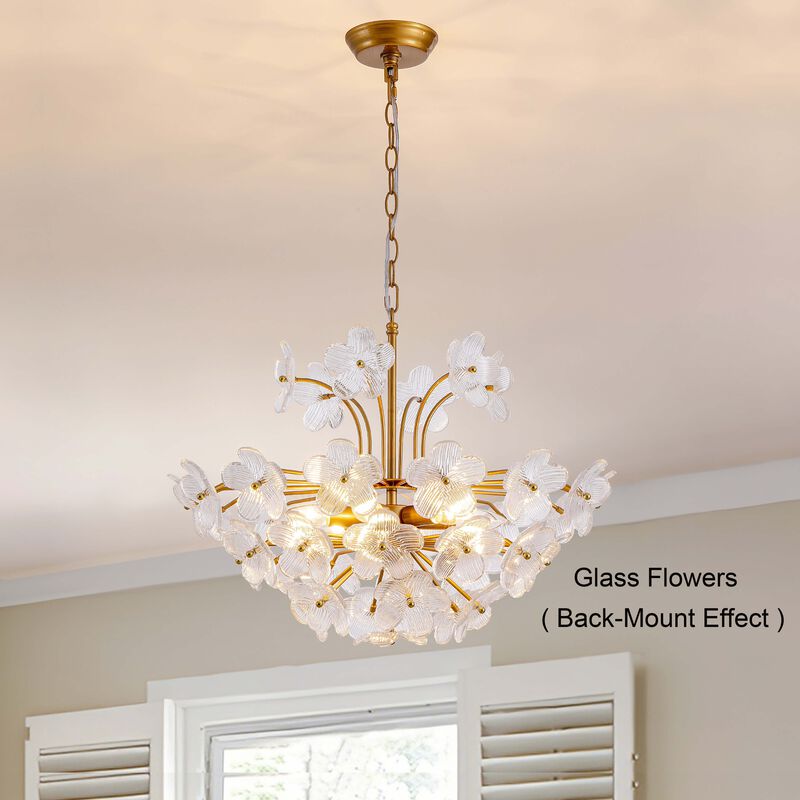 Rosa Modern 6-Light 22.4" Glam Ribbed Glass Flower Chandelier - Low-gloss Brushed Brass Finish image number 2