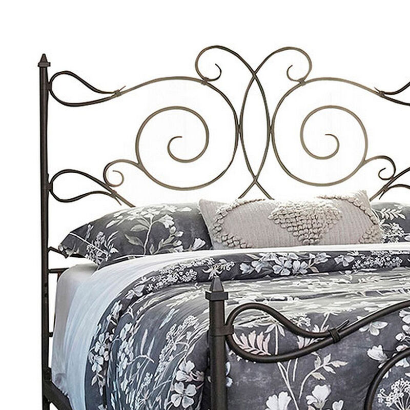 Open Frame Scroll Design Metal Queen Bed, Dark Bronze-Benzara