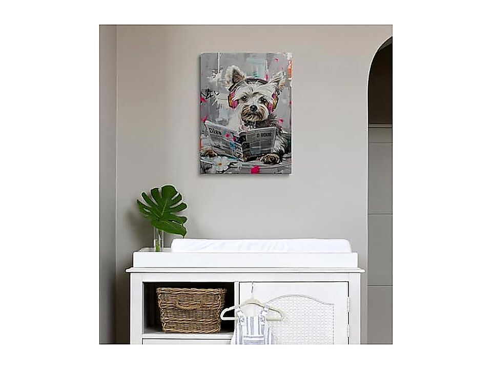 Canvas Wall Art Framed Dog Wearing Headphones Music Graffiti Decor Colorful Pet