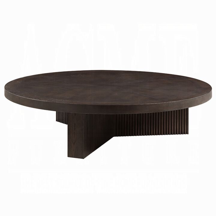 Round Coffee Table, 60 Inch, Espresso Brown Wood, Tri Fluted Legs