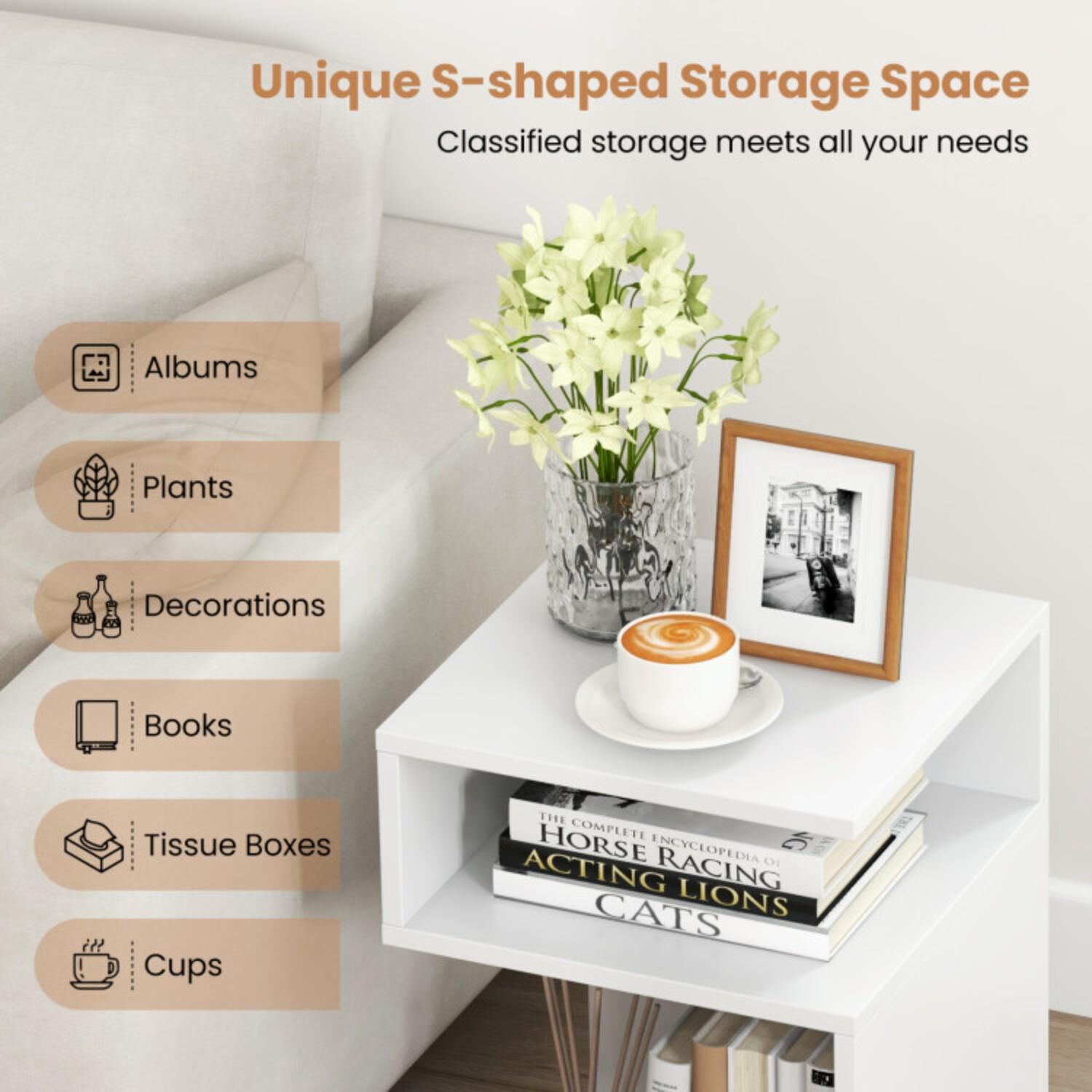 Hivvago S-Shaped Side Table with Unique S-shaped Frame and 2 Open