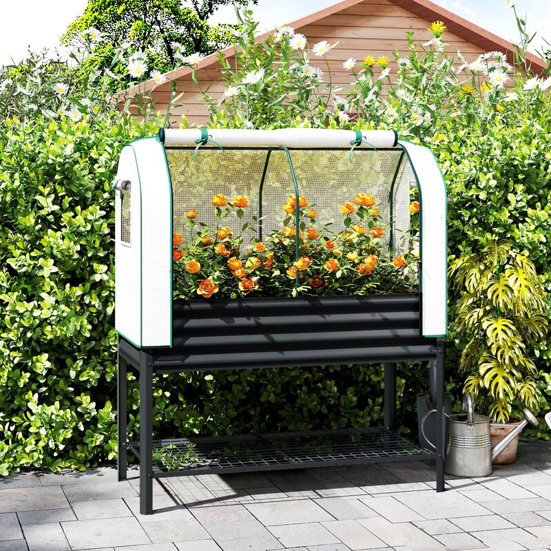 Hivvago Metal Raised Planter with Greenhouse Cover and Shelf image number 1