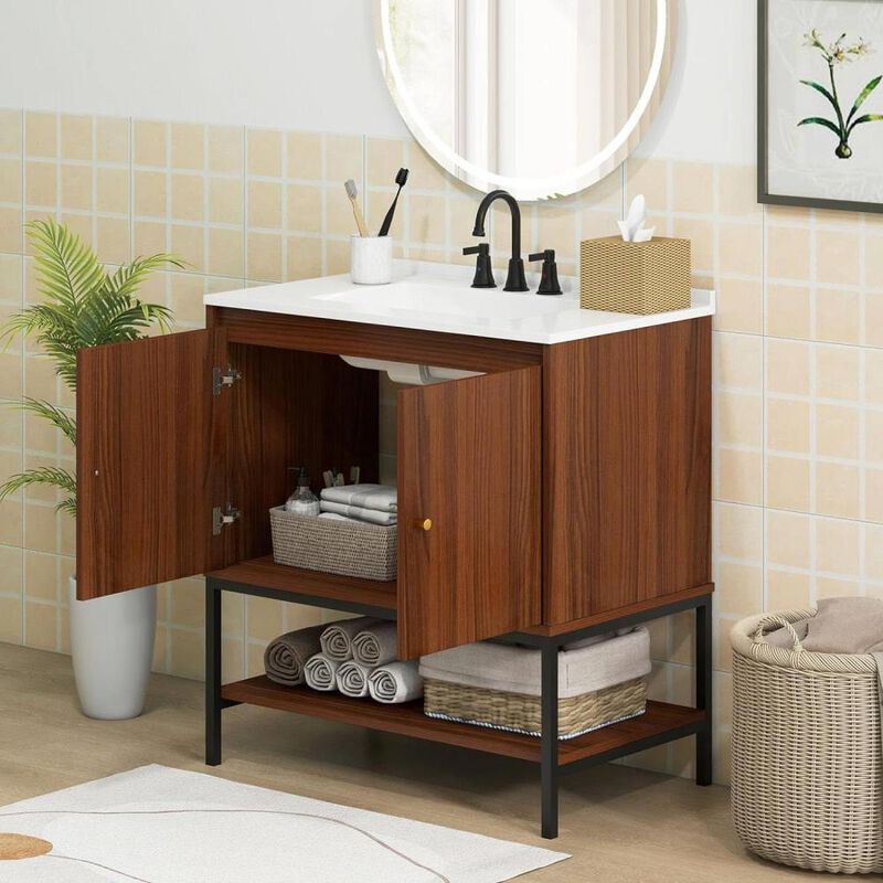 Hivvago Modern Freestanding Bathroom Vanity in Walnut Wood Finish with Sink and Faucet