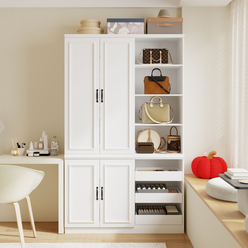FUFU&GAGA White Lacquered Storage Cabinet with Adjustable Shelves, Open Compartments & Drawers (47.2 in. W x 16.5 D x 78.7 H)