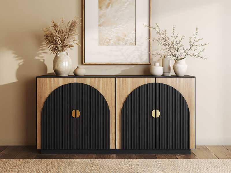 BELLEZE 65 Inch Fluted Buffet Cabinet with Storage, Symmetrical Arc Accent Sideboard Large Console Table for Dining Room, Kitchen, and Living Room (Camel)