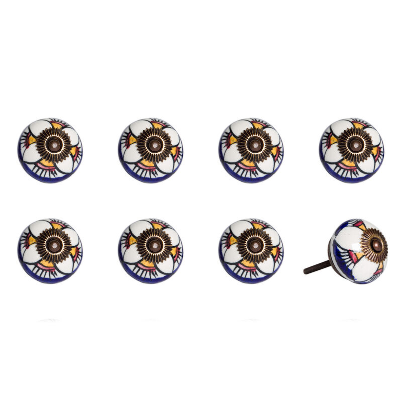 HomeRoots Set of Eight Blue And White Ceramic And Metal Drawer Pull Knobs image number 3