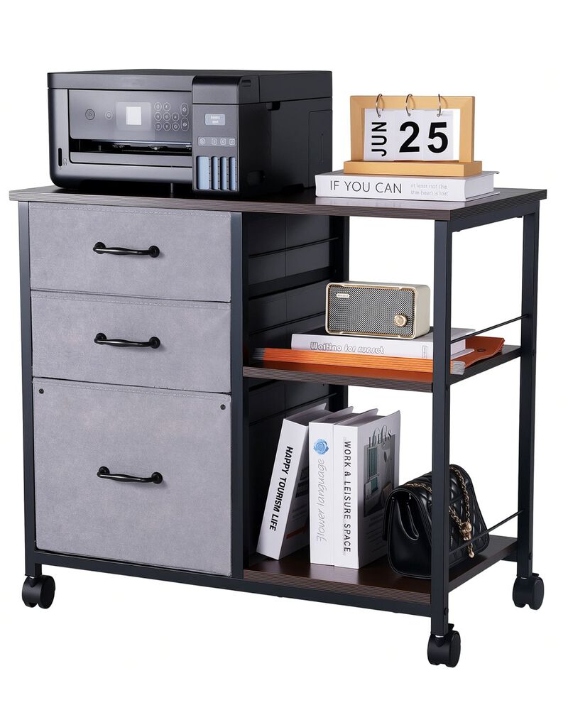 Metal Rolling File Cabinet with Fabric Drawers and Open Shelf Storage
