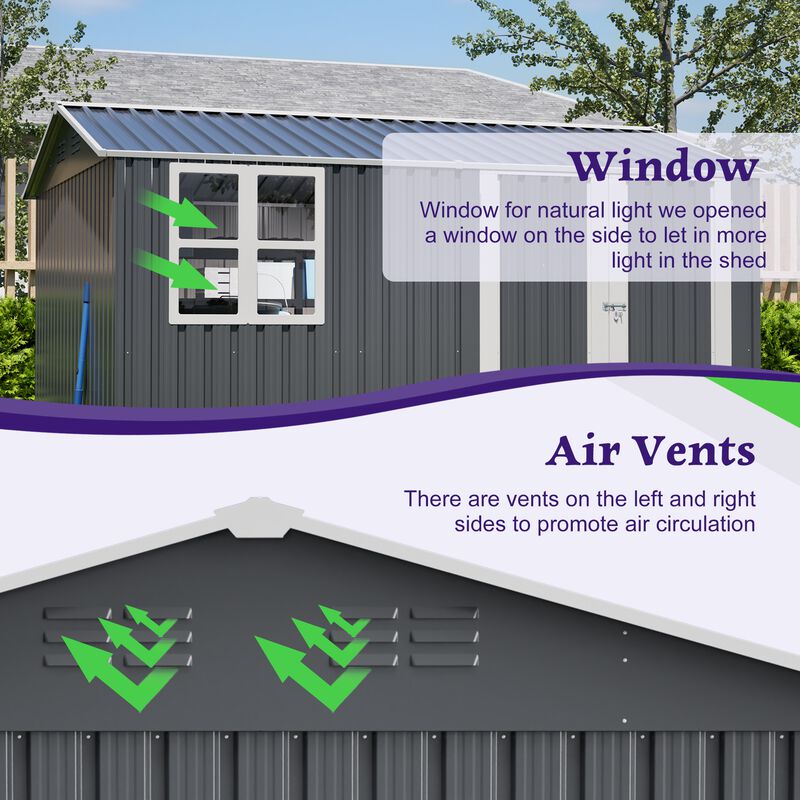 10X8FT Outdoor Steel Storage Shed with Clear Window,Lockable Doors,Weather-Resistant Metal Tool Shed image number 5