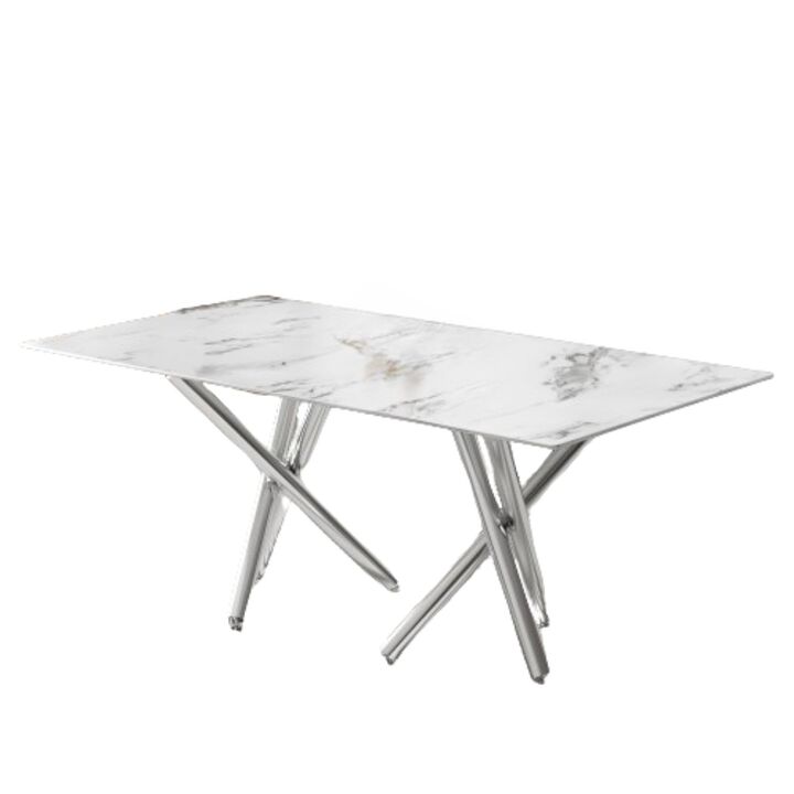 Hivvago 68 Seater Modern Kitchen Dining Table Rectangular Marble Glass Table Top with  Metal Legs