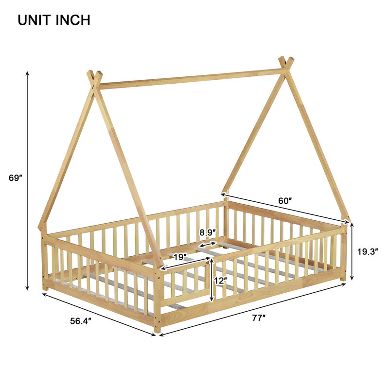 Whisen Wooden Teepee Tent Bed with Guardrails and Slats, Full Floor Bed with Door for Kids image number 9