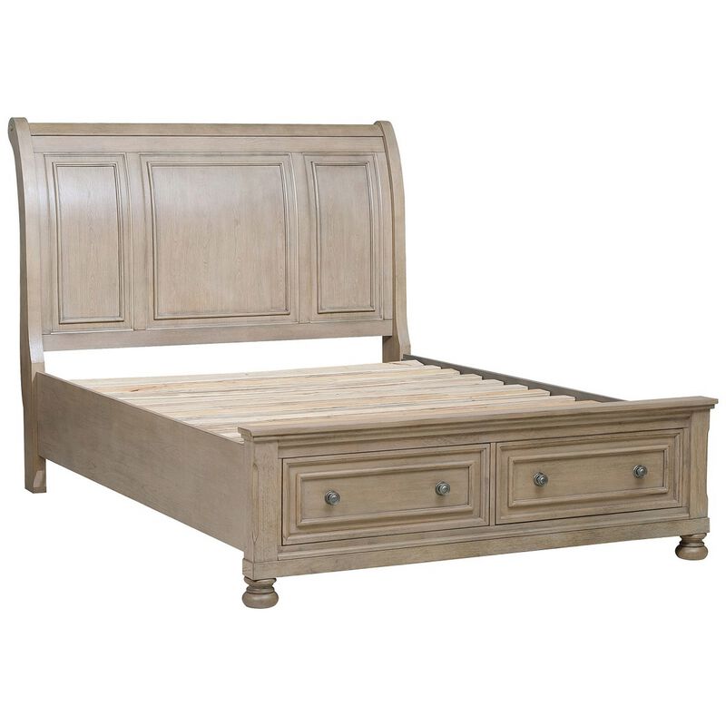 Sage Queen Sleigh Bed, 2 Drawer Footboard, Wire Brushed Smooth Gray Finish - Benzara image number 0