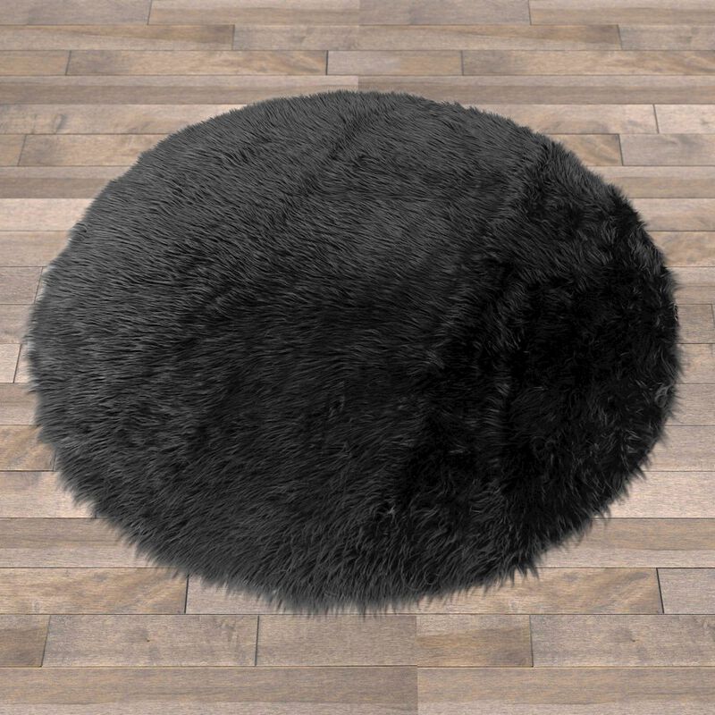 Glamour Home Alair Black Round Faux Fur Area Rug 5 Foot Wide