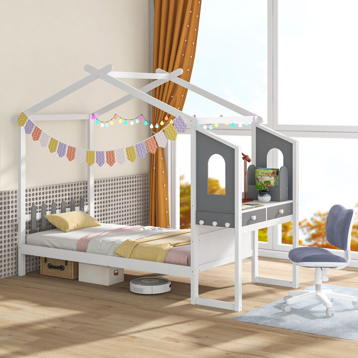 Kids Bed Frame with House Roof Canopy and Fence – Playful and Cozy Design