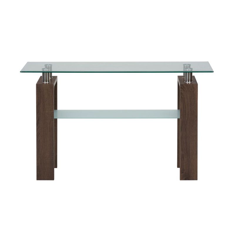 Jofran Compass Clear Modern Glass Sofa Table, Brown Wood and Glass