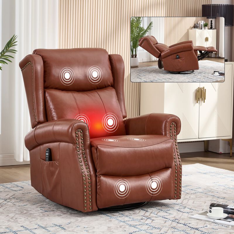 Genuine leather Heat Massage Manual Recliner Chair with Rocker and Swivel for Living Room image number 1