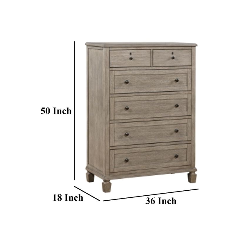 Cely Tall Dresser Chest, 6 Drawers, Gray Oak Wood, Nickel Tone Knobs  - Benzara