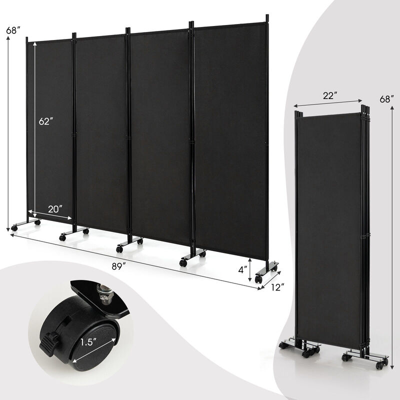 4-Panel Folding Room Divider 6 Feet Rolling Privacy Screen with Lockable Wheels image number 3