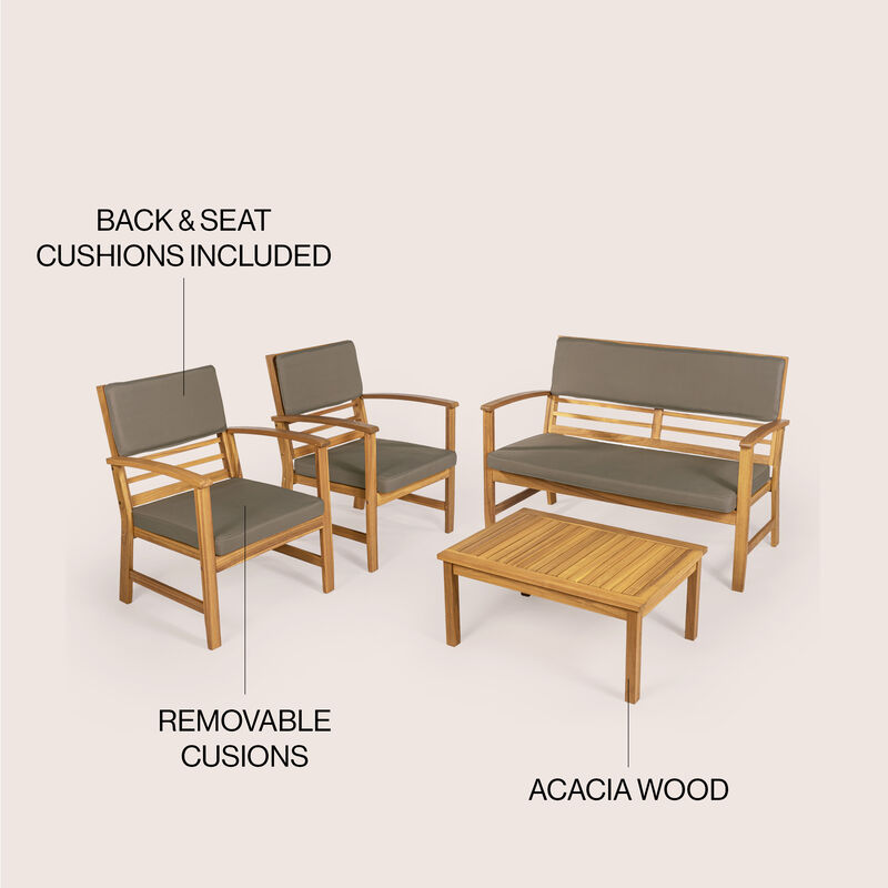 Barclay 4-Piece Modern Coastal Acacia Wood Conversation Outdoor Patio Set with Cushions
