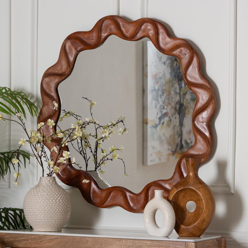 bali & pari Bahati Round Wall Mirror with Sculpted Wavy Frame - Decorative Accent Mirror for Entryway, Bedroom, or Living Room image number 2