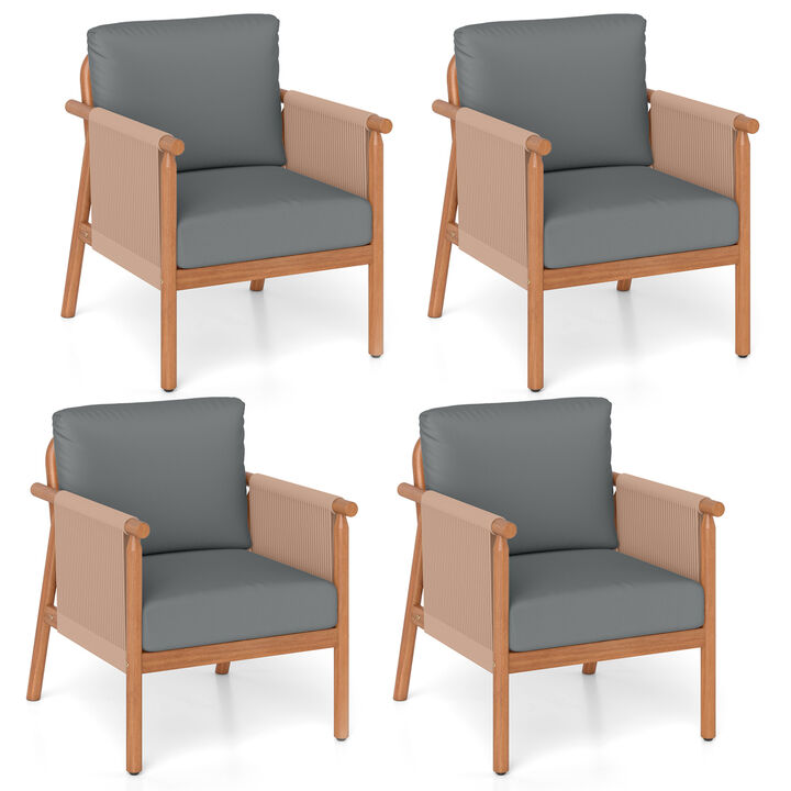 Set of 4 Outdoor Acacia Wood Chairs with Woven Rope Armrests and Cushions