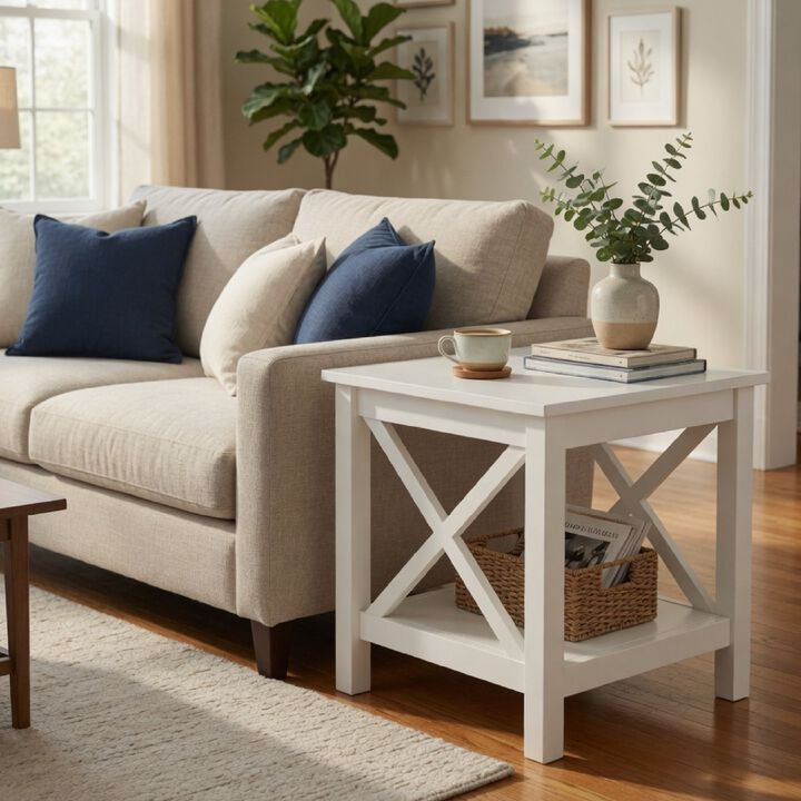 Yuzie Side End Table with Open Shelf, X-Side Frame, White Wood 20 Inch