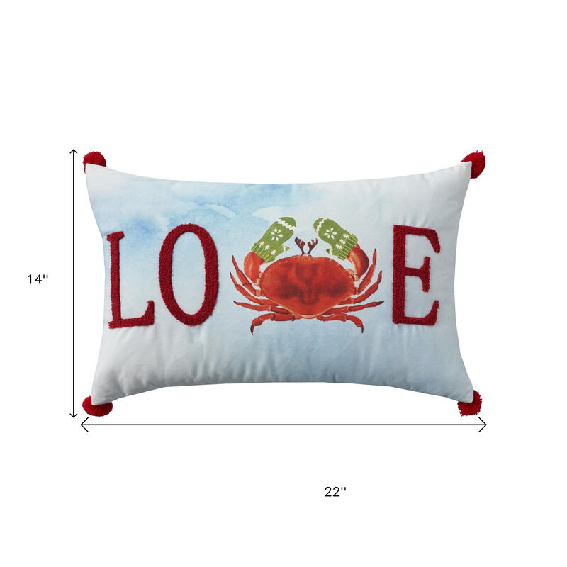 HomeRoots 14" X 22" Blue White And Red Crab Love Throw Pillow with Embroidery image number 4